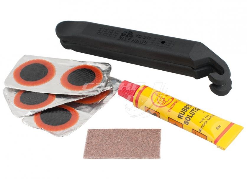 Ремнабор велосипедный Bike Hand, заплатки, клей, монтажки, в коробке, YC-129A