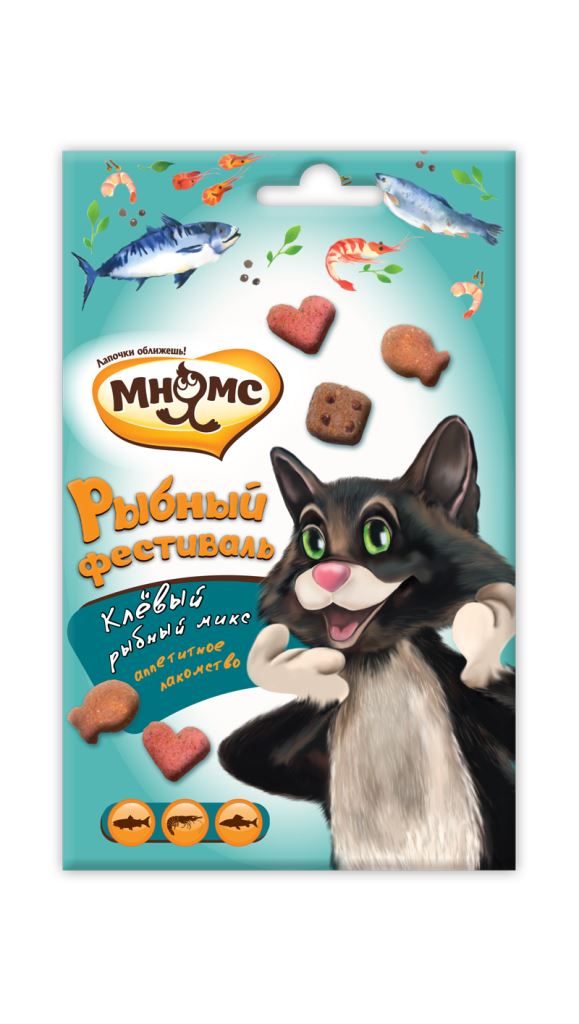 Лакомство для кошек Рыбный фестиваль лосось/креветки/форель Мнямс