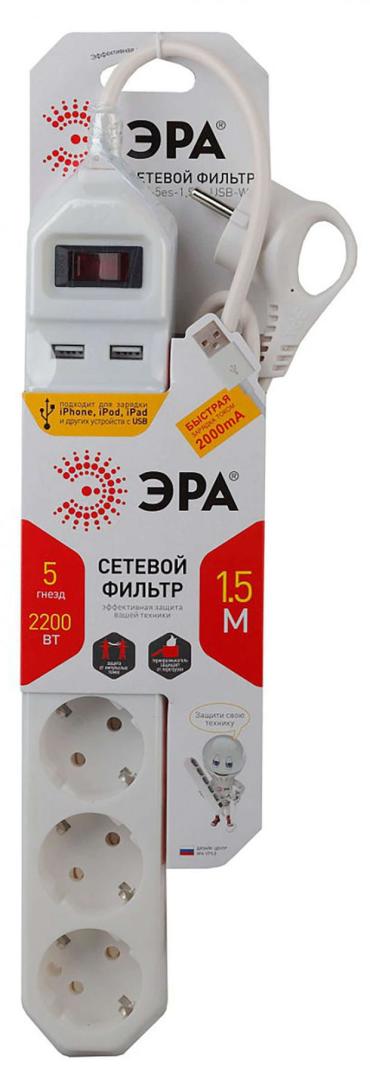 Фильтр сетевой «Эра» с заземлением, 3x0,75 мм2, 5 гнезд + 2 USB
