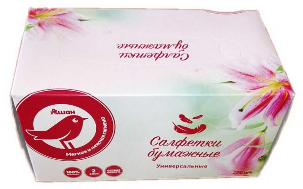 Салфетки бумажные АШАН в боксе 2 слоя, 250 шт