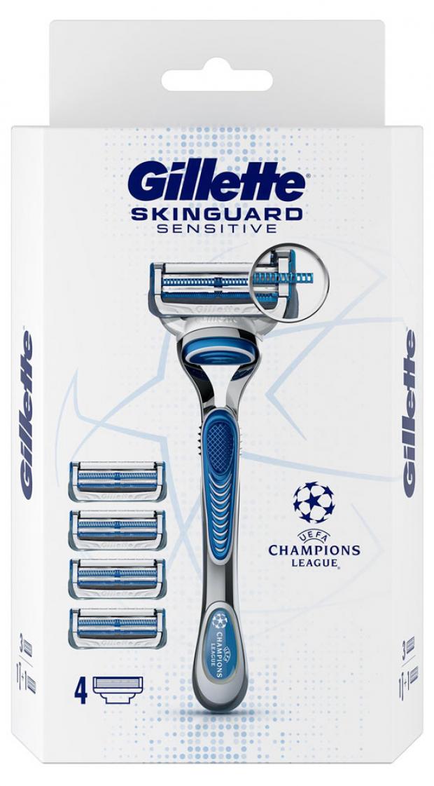 Бритва мужская Gillette Skinguard Sensitive с 4 сменными кассетами c символикой UEFA Champions League