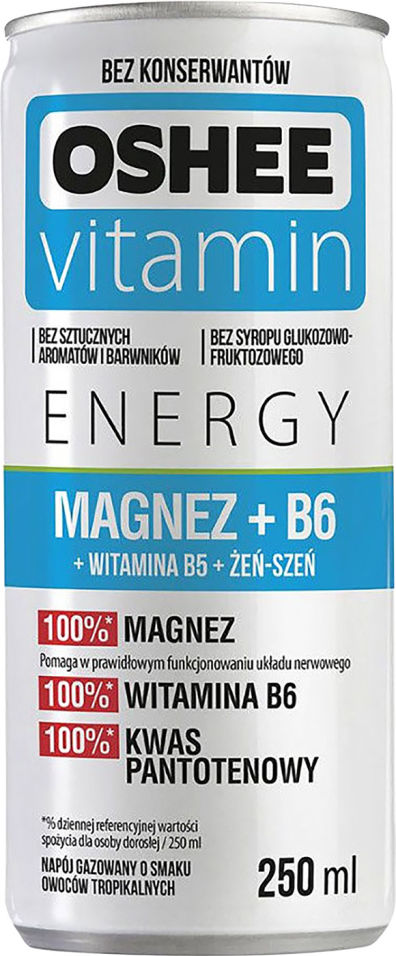 Напиток Oshee Energy Magnez + B6 со вкусом фруктов витаминизированный газированный 250мл