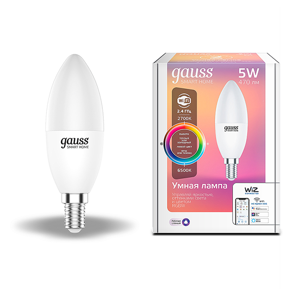 Лампа светодиодная Gauss Smart Home (1190112) 5 Вт E14 свеча 2700-6500К теплый/холодный белый свет 220 В матовая RGBW