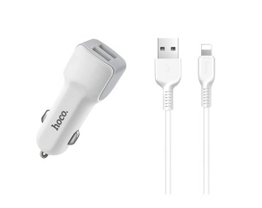 Автомобильное зарядное устройство HOCO Z23, 2 USB выхода, 2.4 A с кабелем Lightning, белый