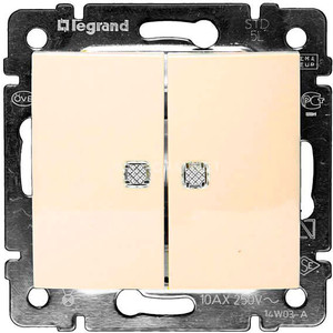 Выключатель двухклавишный Legrand СП Valena 10А IP31 с зел. инд. слоновая кость (774328)