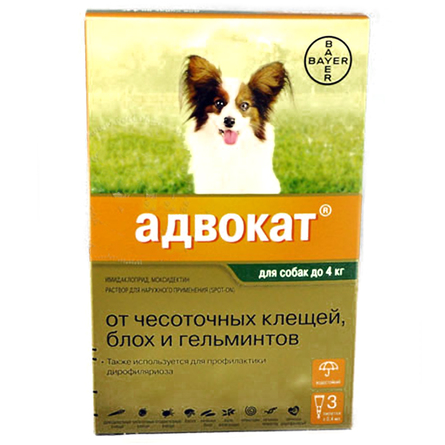 Bayer Адвокат 80 Капли на холку для собак до 4 кг (3 пипетки), 1 мл