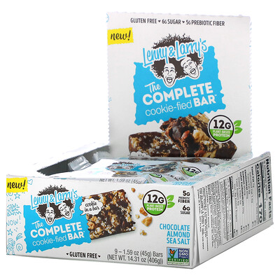 Lenny & Larry's The Complete Cookie-Fied Bar, Chocolate Almond Sea Salt, 9 Bars, 1.59 oz (45 g) Each