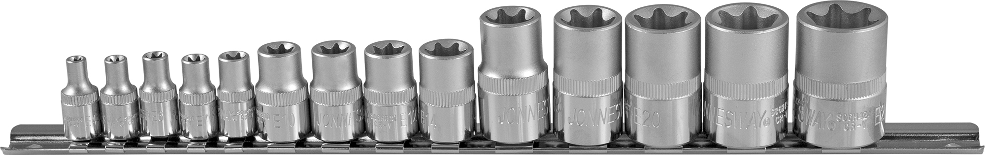 Комплект головок торцевых Jonnesway внешний TORX 1/4DR 3/8DR 1/2DR Е4-Е24 14 предметов