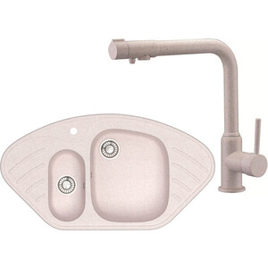 Кухонная мойка и смеситель Glanz J-023-33 бежевая, матовая, с сифоном (J-023-33, 13044-4)