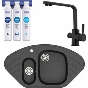 Кухонная мойка и смеситель Glanz J-023-32 с фильтром Барьер Эксперт, антрацит, матовая, с сифоном (J-023-32, 40144-9-BWT)