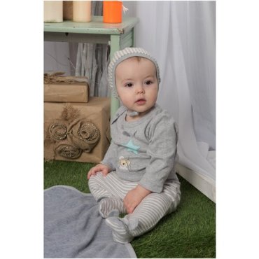 Детский комплект для мальчика Diva Kids: боди+ползунки+чепчик/ 0-9 мес, 56-68 см, серый меланж, полоска белая и серая, с принтом/ Комплект одежды для малышей/ Боди для новорожденных/ ползунки для новорожденных/ чепчик для новорожденных/ Комплект одежды на выписку/ комплект для новоро
