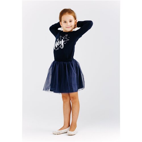 Детский комплект для девочки Diva Kids: лонгслив и юбка, 3-10 лет, 98-134 см, с фатином, с пайетками, темно- синий/ пышная юбка для девочки/ лонгслив для девочки нарядный