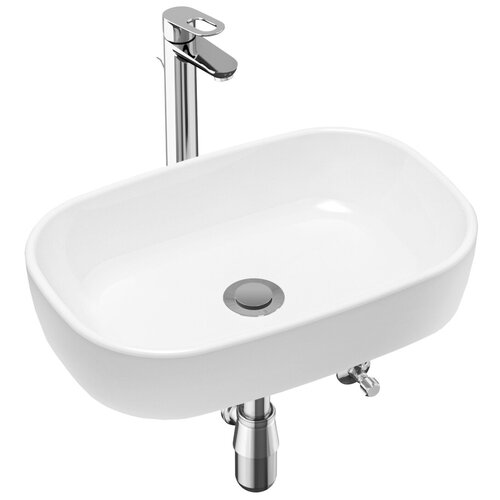 Комплект 4 в 1 Lavinia Boho Bathroom Sink 21510212, накладная фарфоровая раковина 54 см, смеситель с донным клапаном, латунный сифон, угловые вентили 2 шт.
