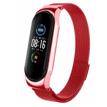 Металлический ремешок для Xiaomi Mi Band 5 и Mi Band 6 / Миланская петля для фитнес трекера Ми Бенд 5 и Ми Банд 6 20см (Красный)