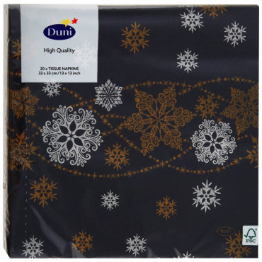 Салфетки бумажные Duni Snow Glitter Black 3 слоя 33х33 см 20 штук