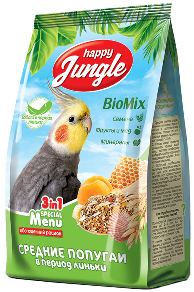 Корм для птиц Happy Jungle для средних попугаев при линьке 500г