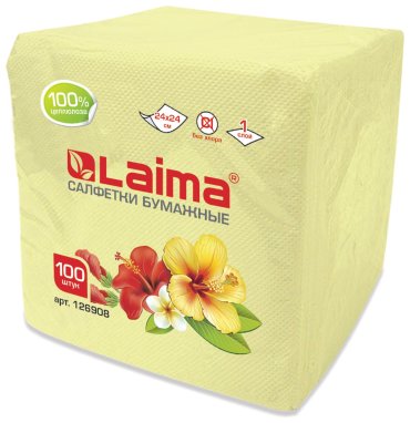 Салфетки бумажные 100 шт., 24х24 см, Laima/лайма, жёлтые (Пастельный цвет), 100% целлюлоза, 126908 (30 шт.)
