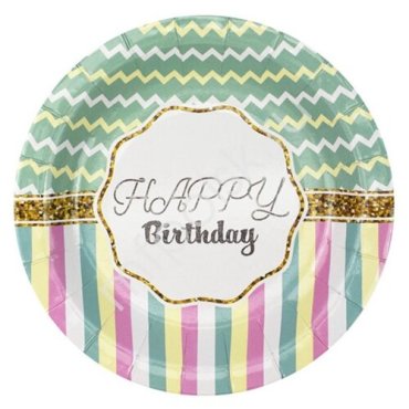 Патибум Тарелки бумажные одноразовые Happy birthday Тиффани, 18 см, 6 шт., тиффани