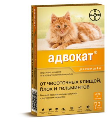 Адвокат широкого спектра для кошек весом до 4 кг капли на холку 1 пипетка