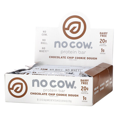 No Cow Протеиновый батончик, тесто с шоколадной крошкой, 12 батончиков, 60 г (2,12 унции)