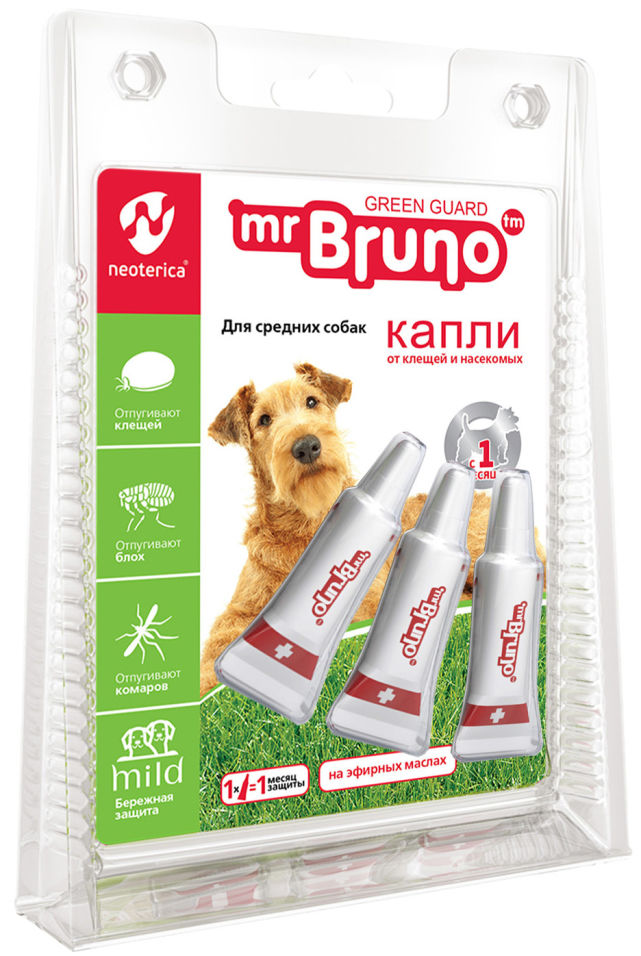 Капли репеллентные Mr. Bruno Green Guard для средних собак весом 10-30кг 2.5мл