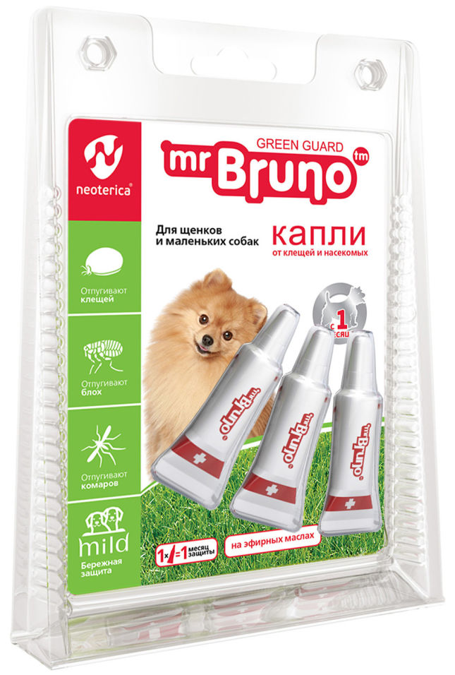 Капли репеллентные Mr. Bruno Green Guard для щенков и маленьких собак менее 10кг 1мл