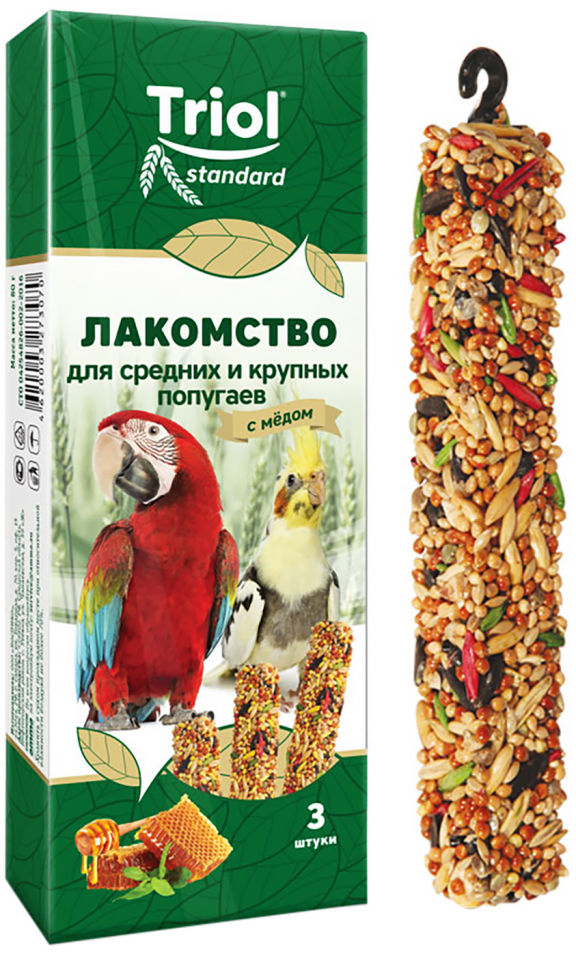 Лакомство для птиц Triol Standard для средних и крупных попугаев с медом 80г (упаковка 3 шт.)