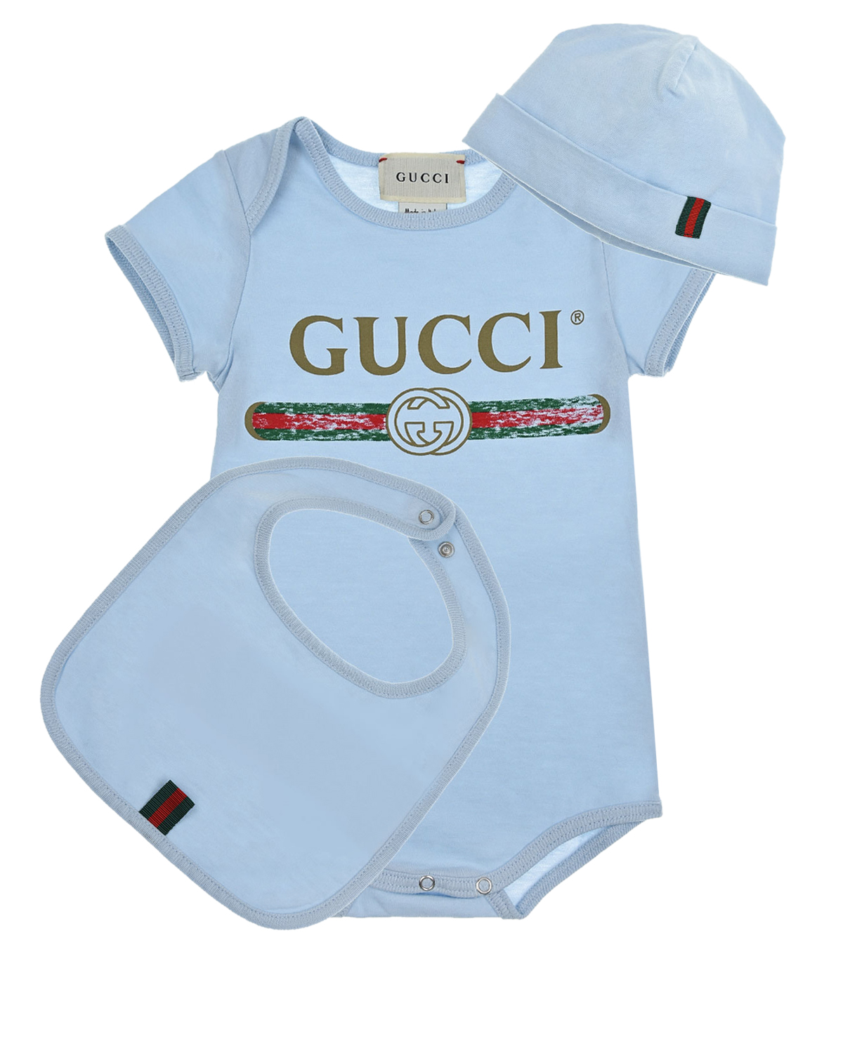 Голубой подарочный комплект: боди, слюнявчик и шапка GUCCI